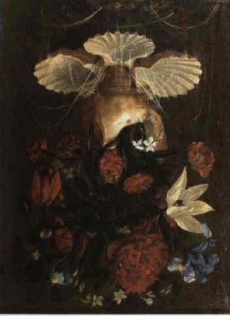 Juan de Espinosa Floral still life arranged in conch shell